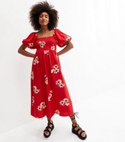 New Look Red Floral Shirred Puff Sleeve Midi Dress